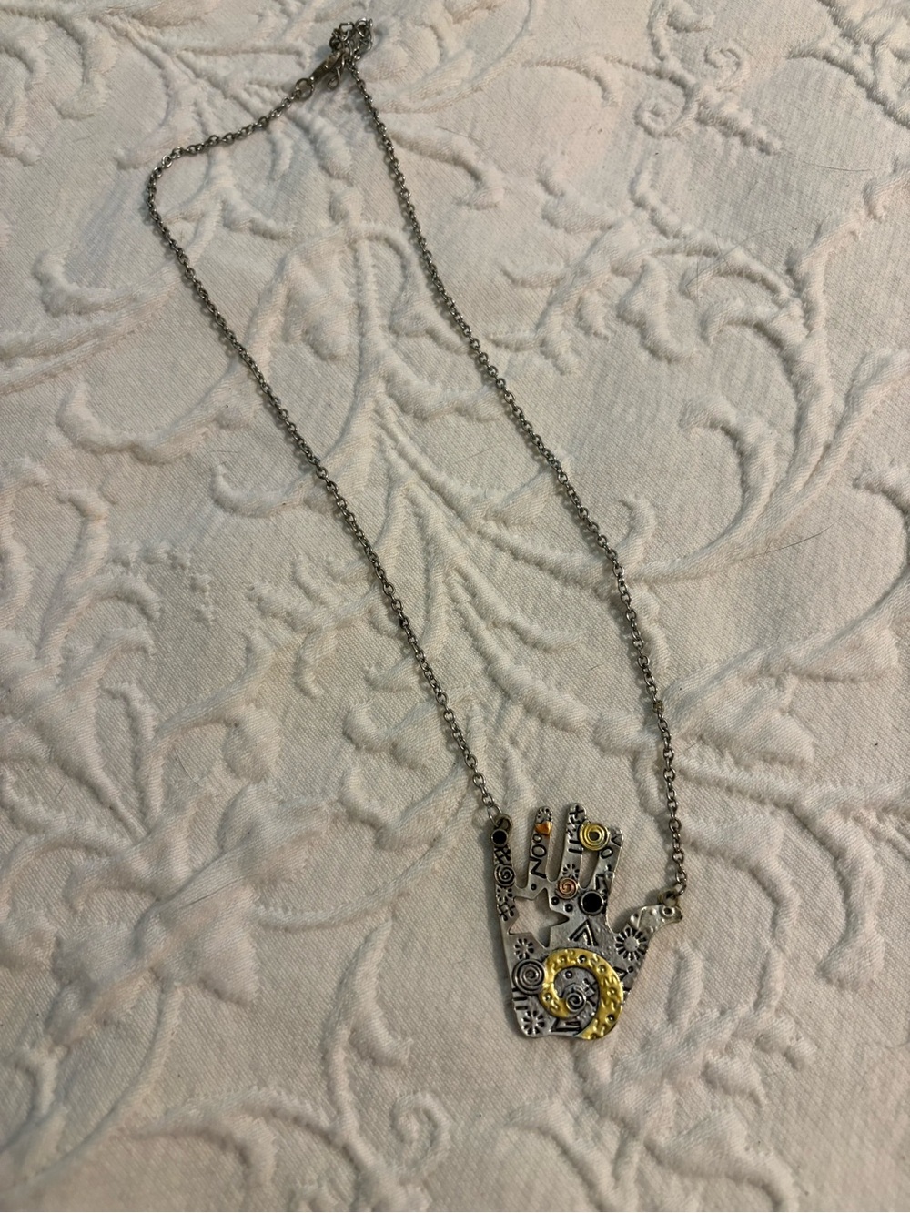 Two-Tone Hamsa Hand Pendant Necklace - Silver and Gold Accent